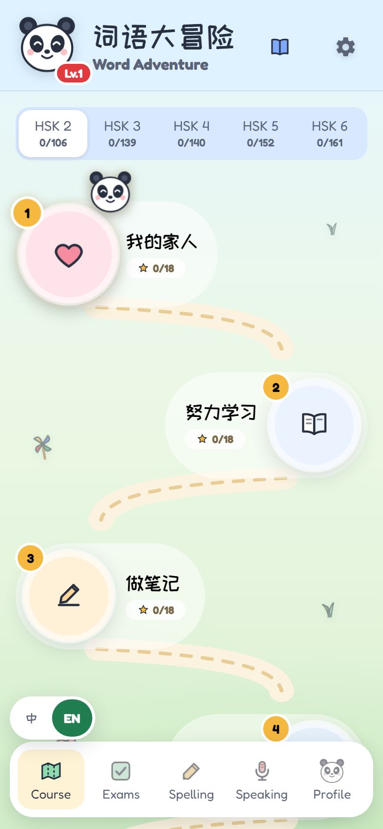 The HSK 2 lesson map in the app: stop 1 我的家人 with the panda beside it, the road winding down to the next stops, five tabs along the bottom